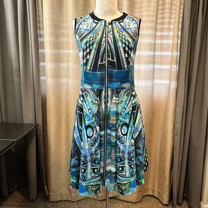 - Aqua Sleeveless Dress Full Skirt Abstract Print Scuba Stretchy MED    - W2039